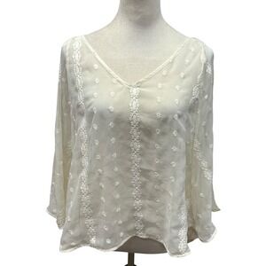 Jennifer Lopez Sheer Embroidered Blouse XS White Romantic Boho Ethereal Feminine